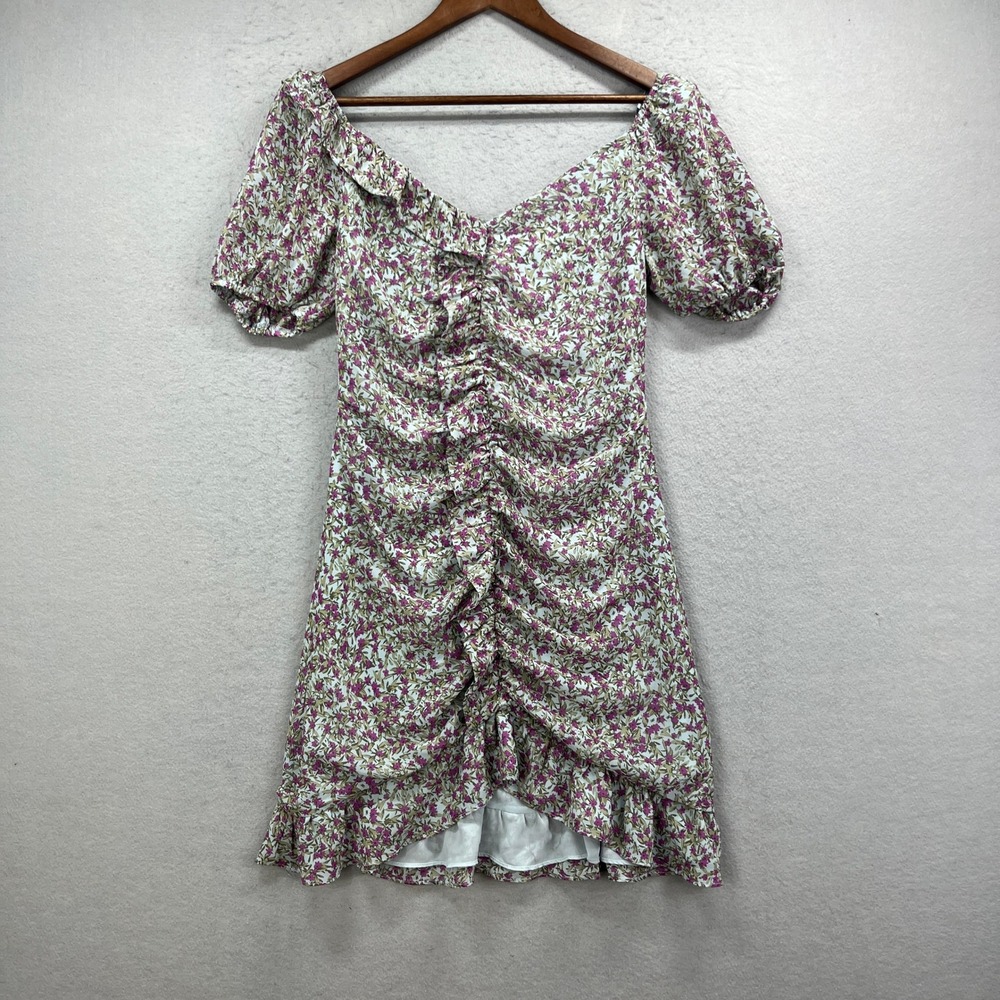 ASTR The Label Mini Dress Womens M Purple Floral Ruched Puff Sleeve Ruffle Boho